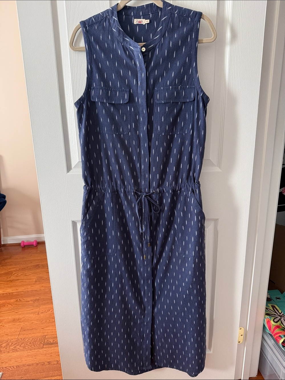 Faherty Navy Sleeveless Midi Dress with White Dash Print